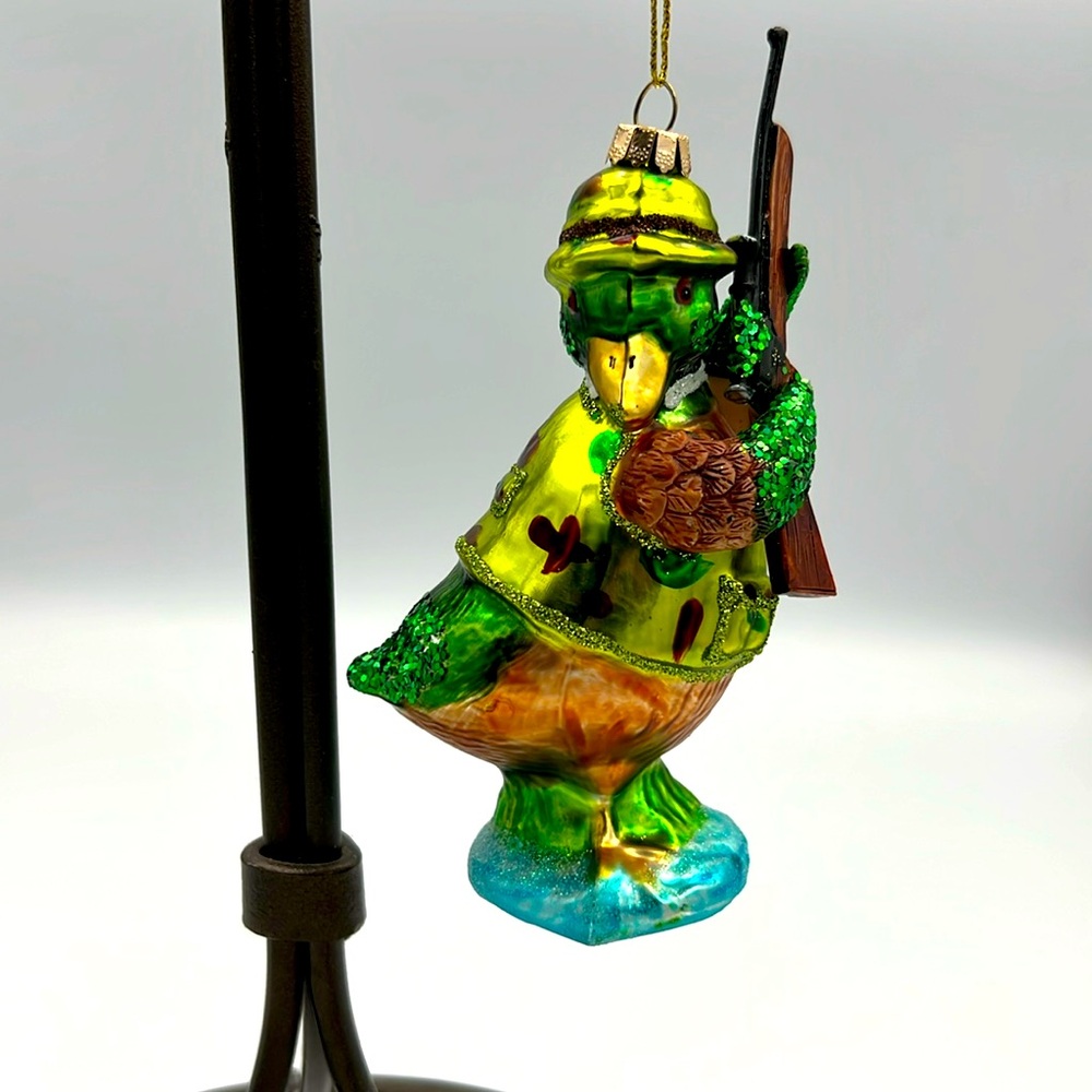 Painted and embellished Glass Duck hunter Hunting Christmas tree ornament Rare